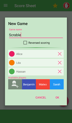 Android application Score sheet screenshort