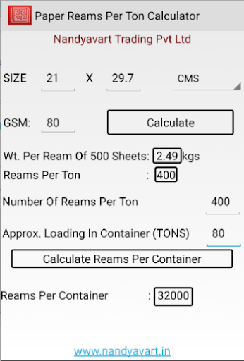 Android application Paper Ream Per Ton Calculator screenshort