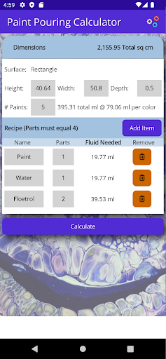 Android application Paint Pouring Calculator screenshort
