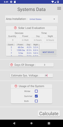 Photovoltaic System Calculator Screen 2