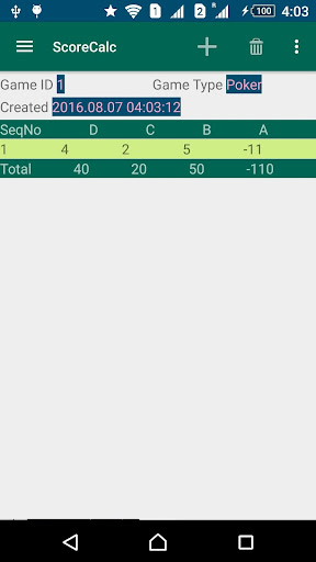 Android application Game Scores Calculation screenshort