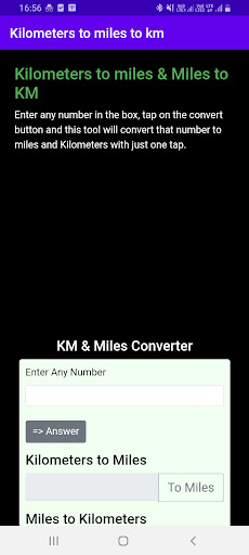 Android application Kilometers to miles to km screenshort