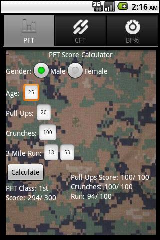 Android application USMC PFT / CFT / Body Fat Calc screenshort
