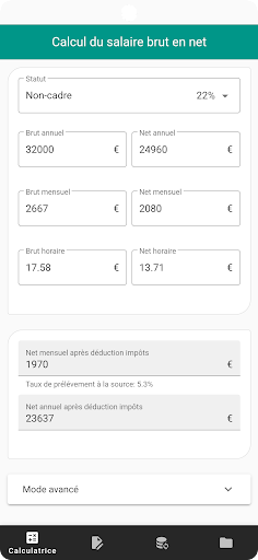 Android application Calcul du salaire Brut en Net screenshort