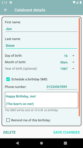 Birthdays reminder & SMS send Screen 2