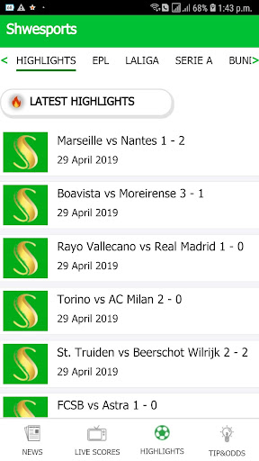 Android application Shwe Sports screenshort