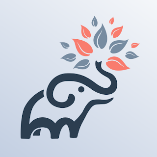 A stylized line drawing of an elephant with  pink and gray leaves coming from it's trunk