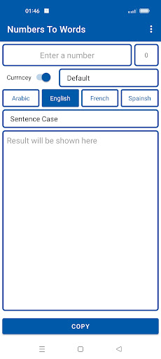 Android application Numbers To Words (Ar/En/Fr/Es) screenshort