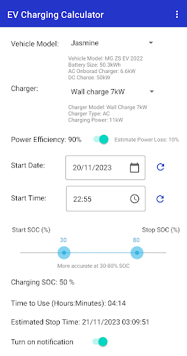 Android application EV Charging Calculator screenshort