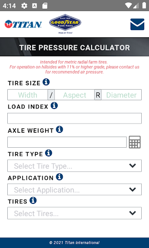 Android application Tire Pressure Calculator screenshort