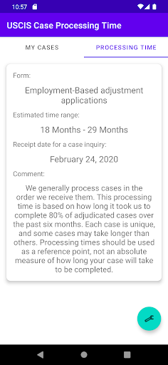 USCIS Case Processing Time Screen 2
