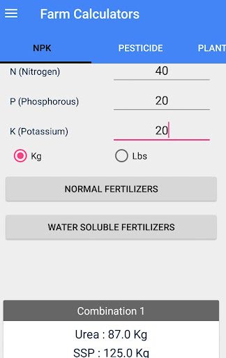 Farm Calculators Screen 2