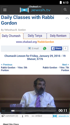 Screenshot of Daily Classes — Rabbi Gordon