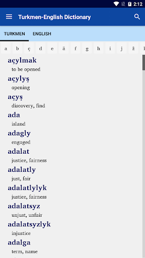 Turkmen-English Dictionary Screen 2