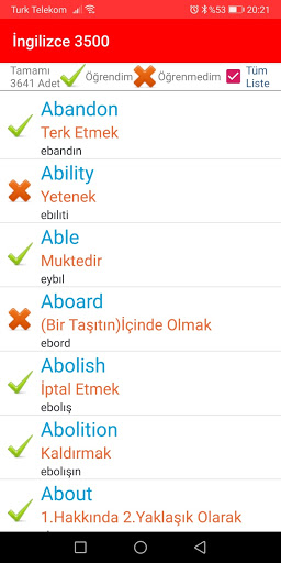 Android application İngilizce 3500 Kelime Öğren screenshort