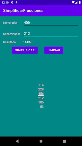 Android application Simplificar fracciones screenshort