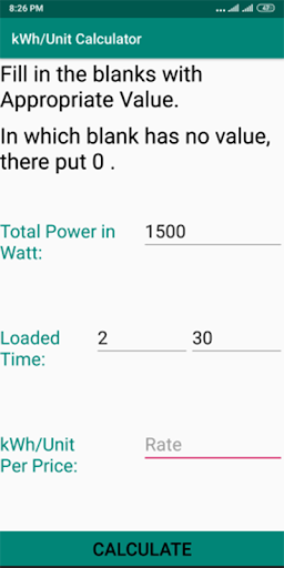kWh/Unit Calculator Screen 3