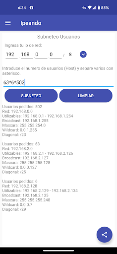 Android application Ipeando Subneteo de Red screenshort