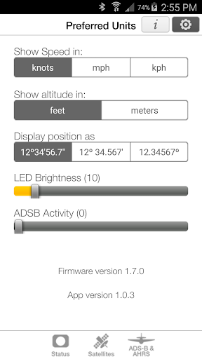 Screenshot of XGPS ADS-B Status Tool