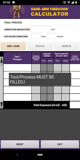 Hand-Arm Vibration Calculator Screen 3