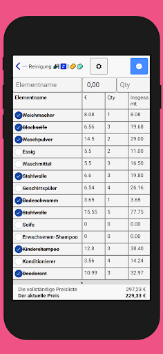 Einkaufsliste mit Preisen