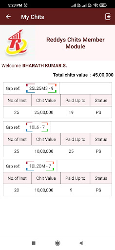 Reddys Chits Member Module Screen 2