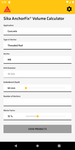 Android application Sika AnchorFix® Volume Calcula screenshort