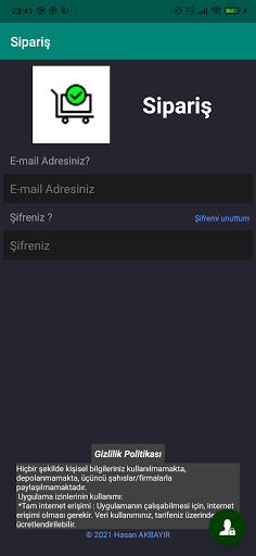 Android application Sipariş screenshort
