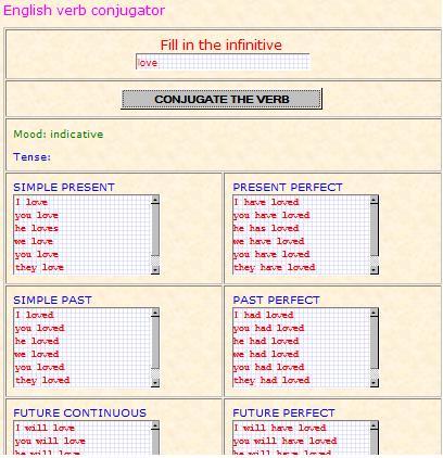 English verb conjugator Screen 2
