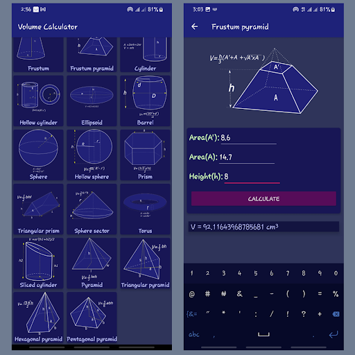 Android application Volume calculator - 3D shapes screenshort