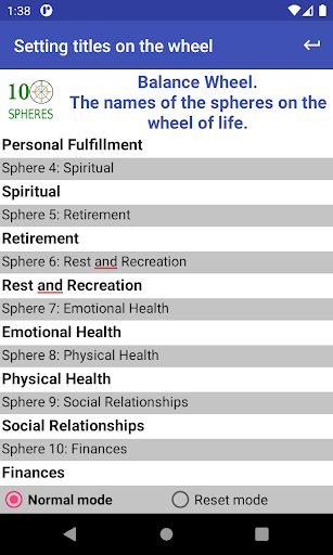 Android application Wheel of life 10 spheres screenshort