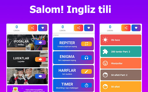 Android application Salom! ingliz tilini o'rganish screenshort