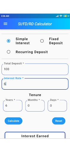 SI/FD/RD Calculator Screen 2