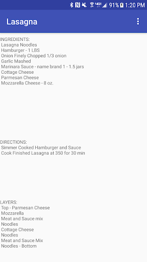 Android application Lasagna Recipe screenshort