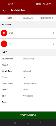 My Cricket Score Screen 3