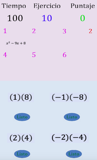 Juego de factorización simple. Screen 3