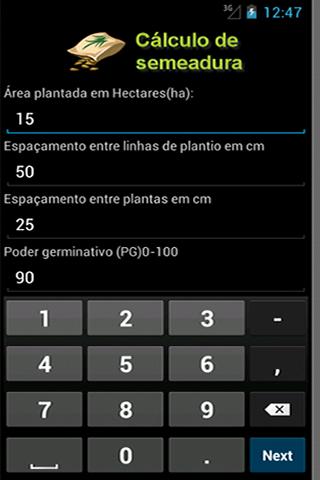 Cálculo de Semeadura Screen 2