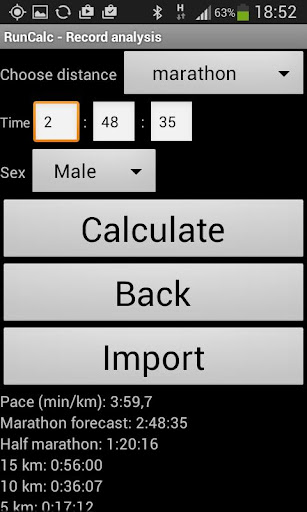 RunCalc - Running Calculator Screen 2