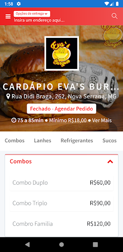 Android application Cardápio Eva's Burguer screenshort