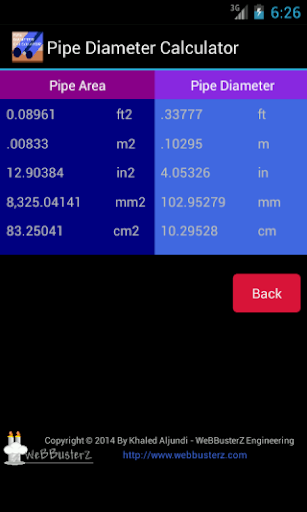 Pipe Diameter Calculator Screen 2