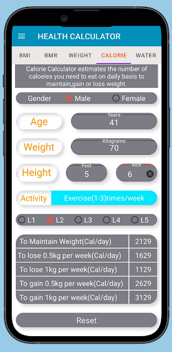 BMI-BMR-Weight-Calo Calculator Screen 3