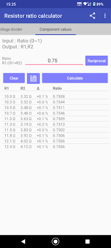 Resistor ratio calculator Screen 3