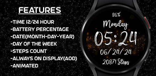 Golden Glitter Stars Watchface Screen 2
