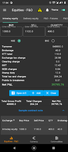 Brokerage Calculator for India Screen 2