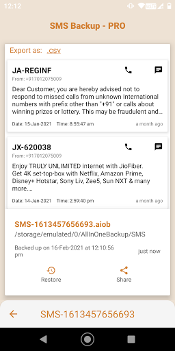 Screenshot of SMS Backup and Restore