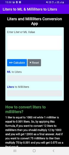 Liters to Milliliter to Liters Screen 2