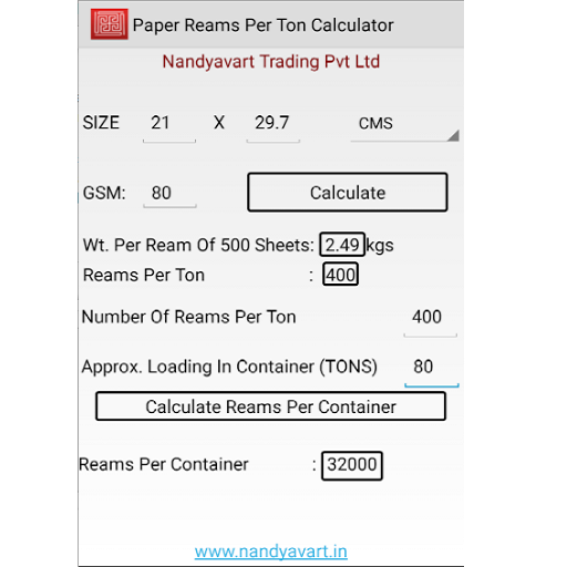 Paper Ream Per Ton Calculator Screen 2