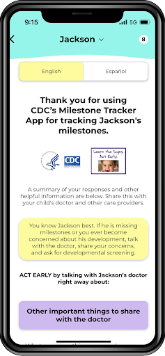 Screenshot of CDC Milestone Tracker