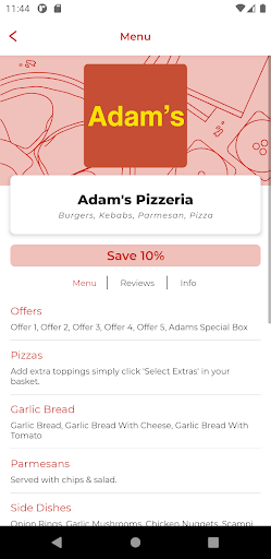 Android application Adams Pizza Stockton screenshort