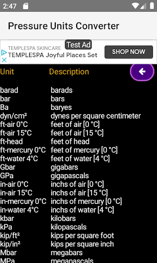 Pressure Units Converter Screen 3